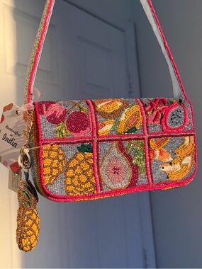 New Hand-Beaded Fruit Design Shoulder Bag in Pink and Yellow Accents